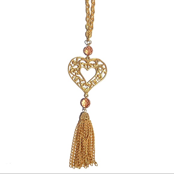 🆕 Lovely Gold Filigree Heart & Peach AB Crystal Beaded Tassel Long Necklace NWT - Picture 6 of 6